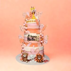 Pink jungle theme first birthday cakes, cake square