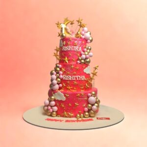 Pink star and moons theme first birthday cake for girls, cake square