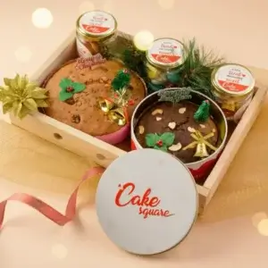 Special Christmas Gift Hampers Tin with 500g Plum Cake 500 gms plum cake gift tin, Tea cake 500 gms, Macaroons, Chocolates, Cookies, Vanilla muffin, Chocolate muffin