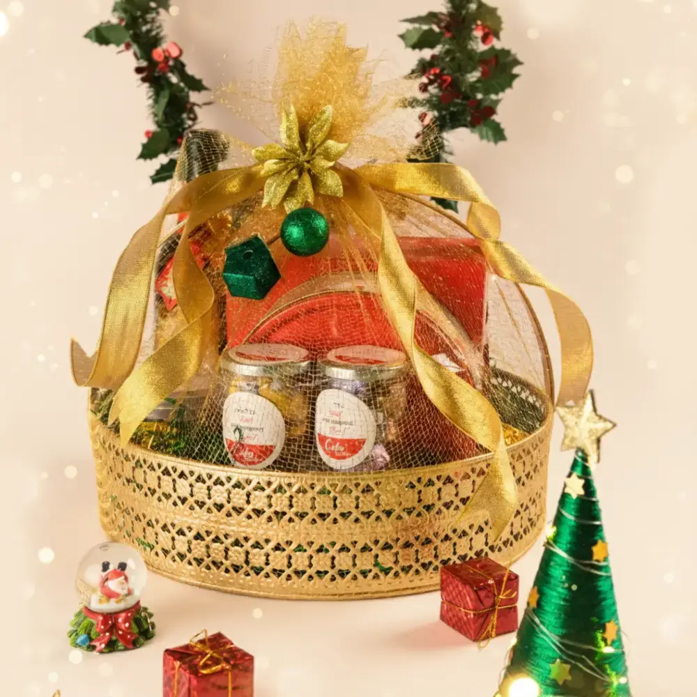 premium golden christmas gift hamper festive basket chennai Items inside: 500 gms plum cake 250 gms dates and walnut Home made wine Home made chocolate Macroons Butter cookies
