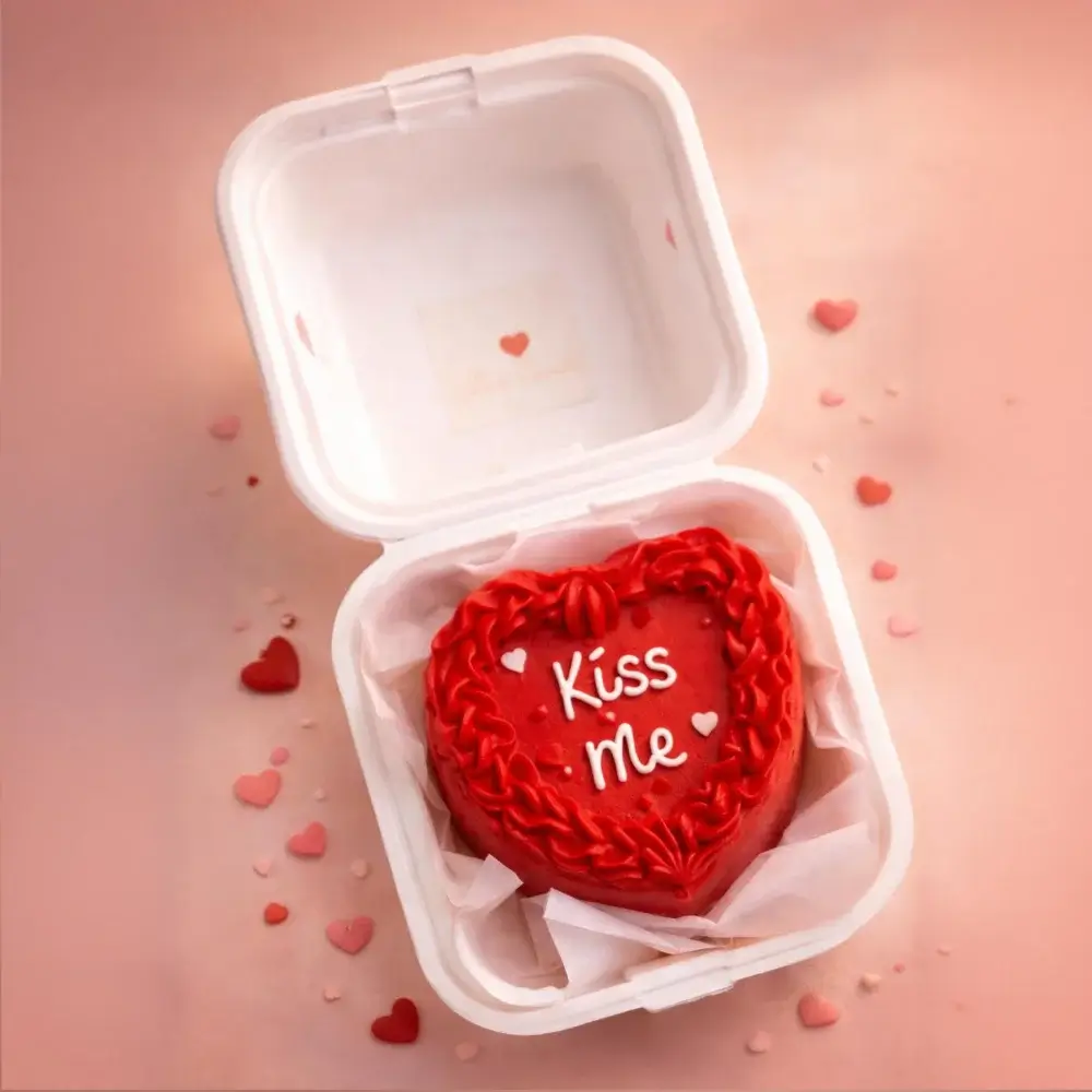 Kiss me heart shaped bento cake, valentines day bento cake, bento cake for her, bento cake for him, cute bento cake, bento cake designs, customised bento cakes, heart shaped bento cake, bento cakes, same day delivery bento cake, bento cake price