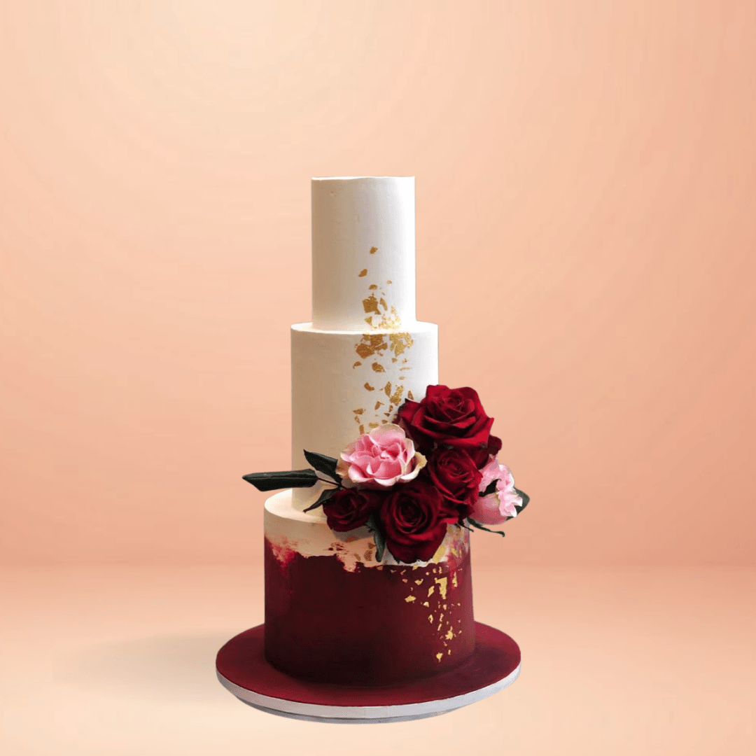 Floral theme wedding cake, wedding cake designs, rose wedding cake, 3 tier wedding cake, customised wedding cake, red theme wedding cake, white theme wedding cake, customised cakes, best customised wedding cakes, simple and elegant wedding cake, cream finish wedding cake, aesthetic wedding cake, wedding cakes