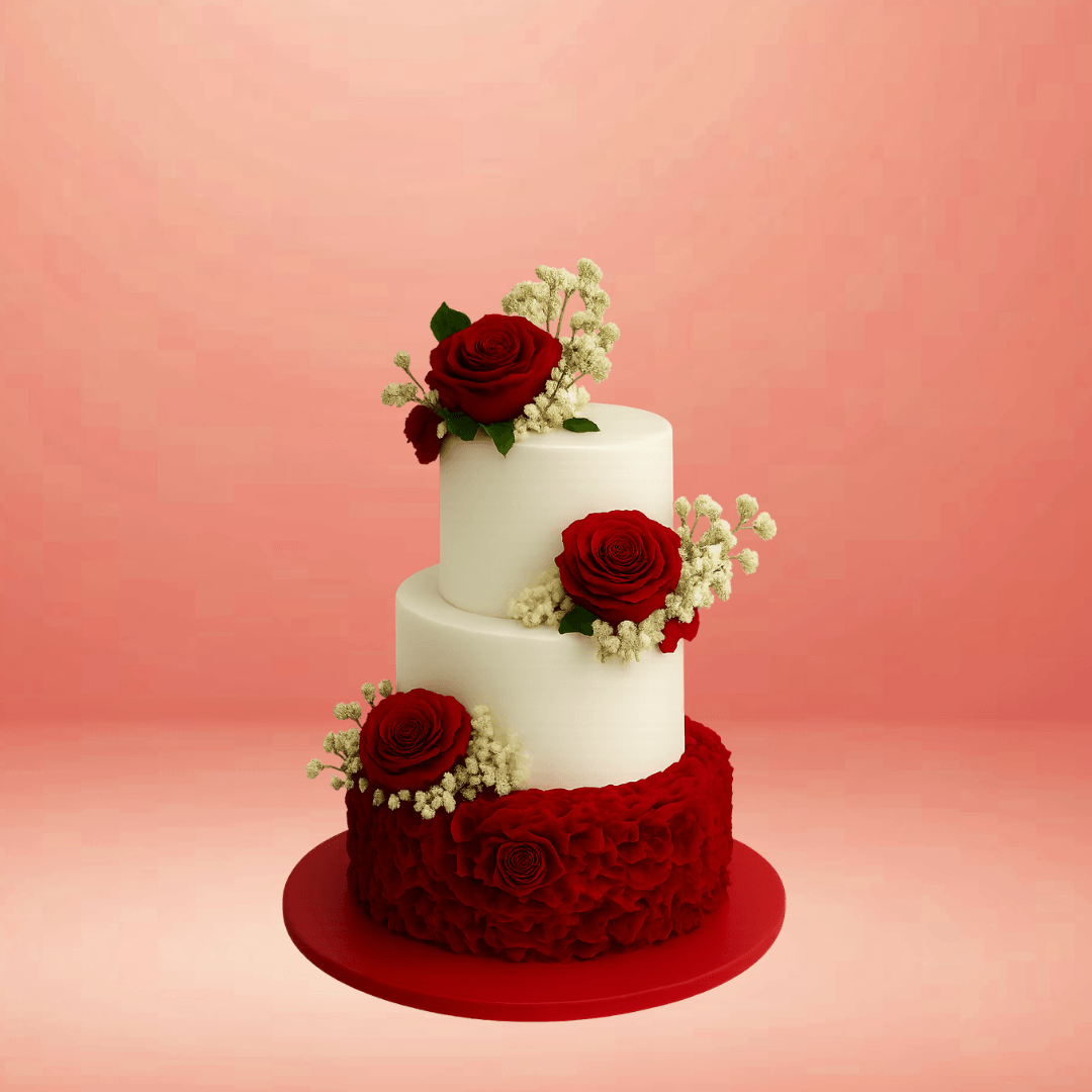 wedding cake, floral wedding cake, real flowers wedding cake, creamy white wedding cake, elegant wedding cake, three tier wedding cake, rose wedding cake, petals with rose wedding cake, cake square wedding cake, premium wedding cake brand, elegant wedding cakes, red rose wedding cake