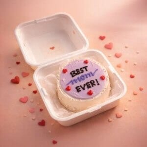 Decorated round cake with "Best Mom Ever" message, hearts, for Mother's Day in Chennai. best mom cake ever, best mothers day cake, mini cake, bento cake