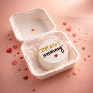 Mother's Day cake with "The Best Mommy" message, pink background, surrounded by hearts. Best mommy cake, cake for mom, floral cake, bento cake, mini cake, Best mommy bento cake