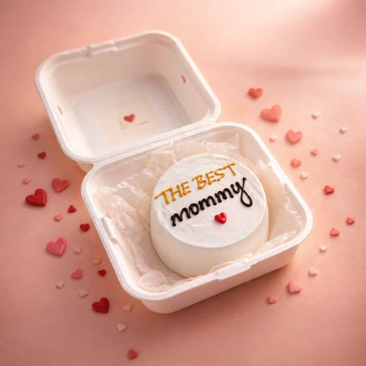 Mother's Day cake with "The Best Mommy" message, pink background, surrounded by hearts. Best mommy cake, cake for mom, floral cake, bento cake, mini cake, Best mommy bento cake