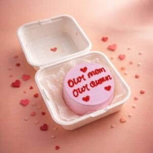 Delicate pink cake with "Our Mom Our Queen" message, perfect for Mother's Day in Chennai. our mom our queen