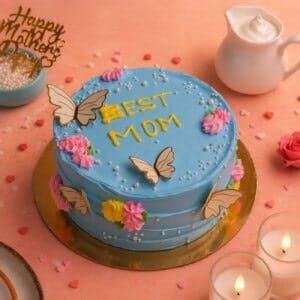 Delicious blue cake with butterflies and pink flowers, Chennai celebration, for your best mom, cute cake for mom, best mothers day cake chennai, best mom cake, delivered in 45 mins, cake delivery in 45 mins, pretty cake