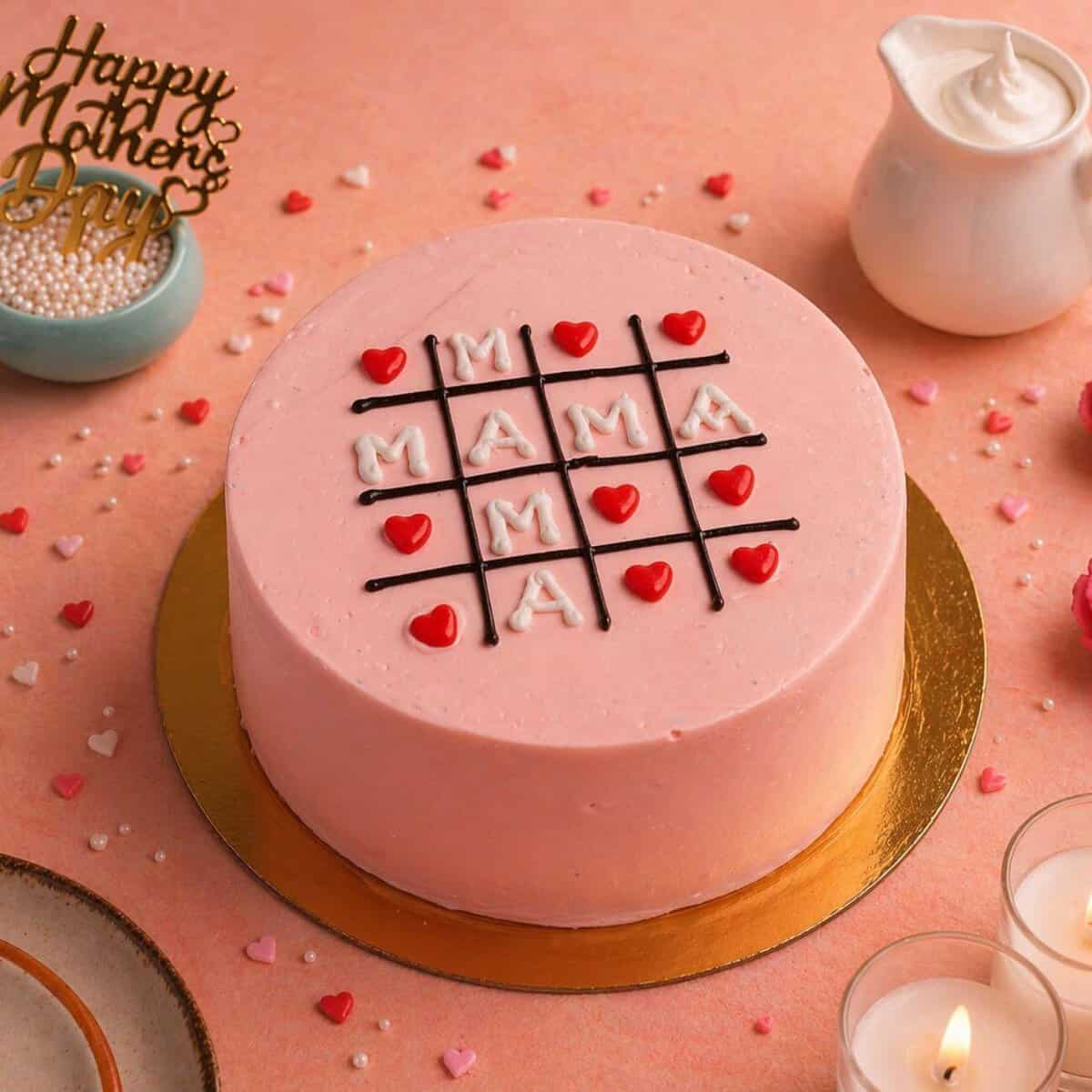 Pink Mother’s Day cake with heart decorations, Chennai celebration, puzzle mom cake, mothers day cake, cute cake for mom. mothers day cake