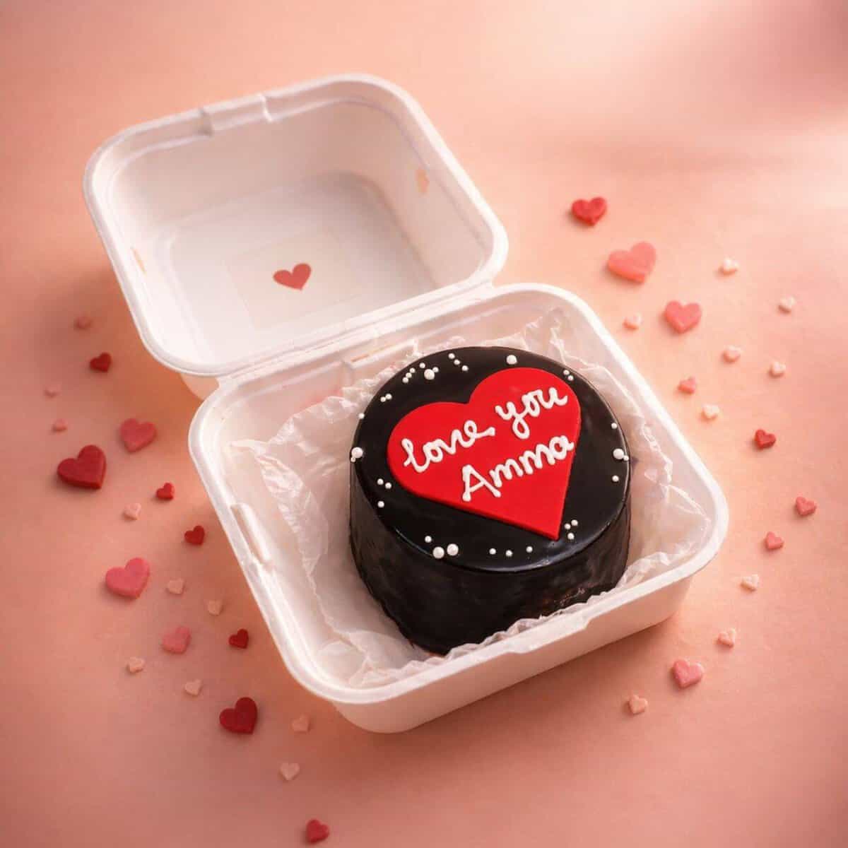 Chocolate cake with love message for Amma, Chennai celebration. Love you amma cake, mini cake, bento cake, love you amma bento cake, mini cake