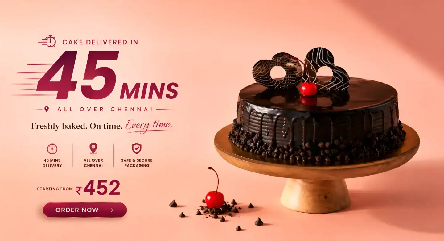 Premium chocolate cake banner for CakeSquare featuring 45 minutes cake delivery across Chennai with fresh rich gourmet cakes and luxury ad style design
