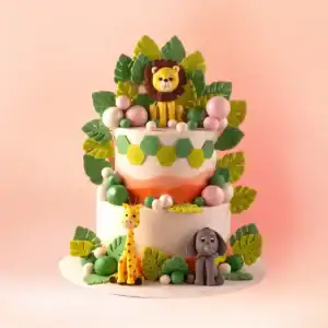 Two tier jungle theme first birthday cake in Chennai with a lion topper, giraffe and monkey figures and handmade sugar leaves in cream and green from Cake Square.