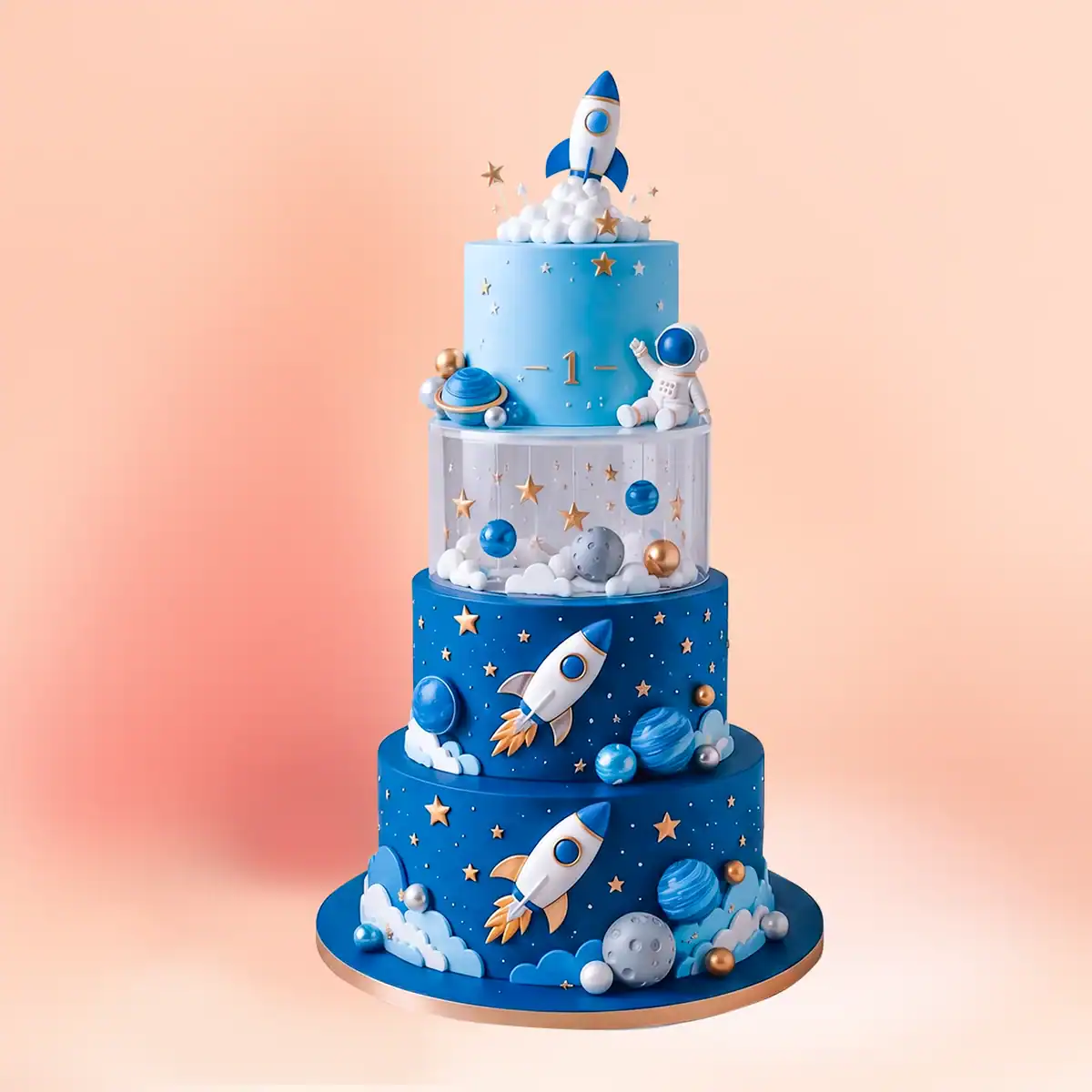 Three tier space theme first birthday cake for boys in Chennai with a rocket topper, fondant planets, an astronaut figure and piped clouds from Cake Square.