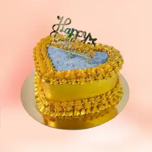 Gold heart shaped glitter birthday cake in Chennai with hand piped gold buttercream shell borders, a silver glitter centre panel and a Happy Birthday topper from Cake Square.