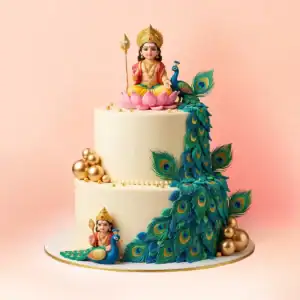 Two tier Lord Murugan theme cake in Chennai with a Murugan figure on a lotus, a cascade of peacock feathers and gold pearls, delivered in three hours by Cake Square.