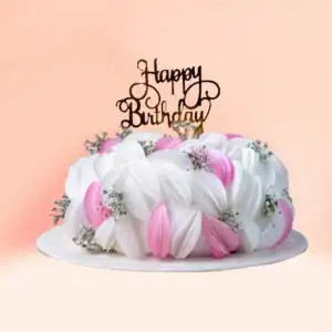 Single tier white and pink petal birthday cake in Chennai covered in soft folded petals with sprigs of baby's breath and a gold Happy Birthday topper from Cake Square.